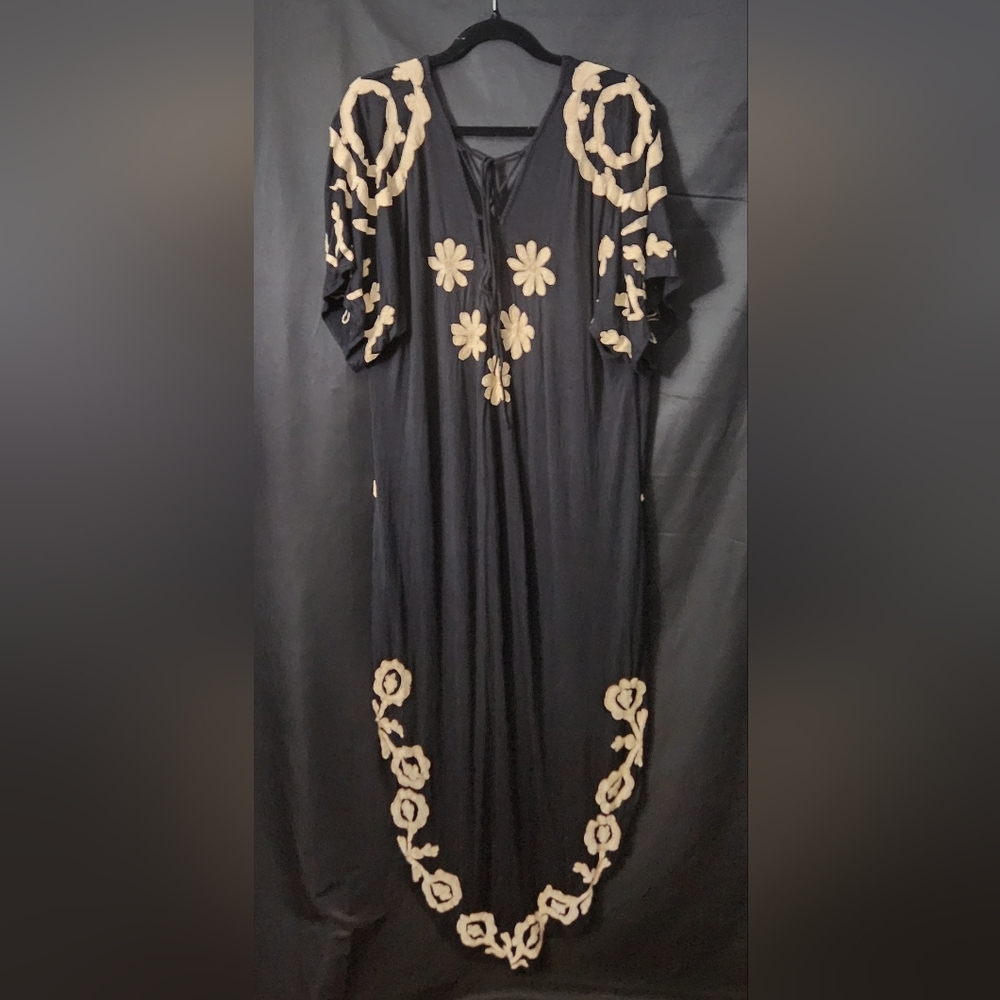 RARE Free People Black Maxi Dress with Cream Floral Embroidery - Picture 13 of 14